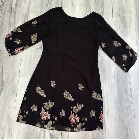 NWT GRACE KARIN Lined Chiffon Dress 3/4 Split Sleeve Black Floral detail Women M - Picture 2 of 7